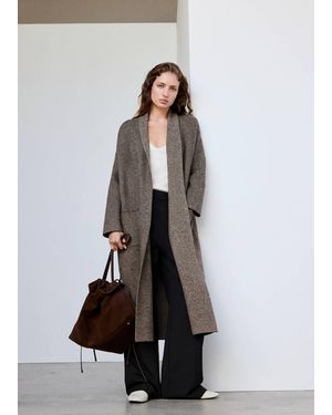 Mango Cappotto Maglia Cintura Marrone Medio - Bianco