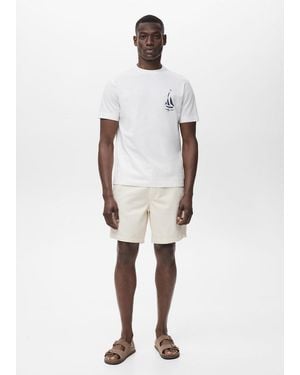 Mango Maglietta 100% Cotone Stampa Petto Bianco