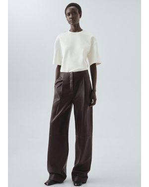 Mango Pantalon Droit 100% Cuir Marron - Blanc
