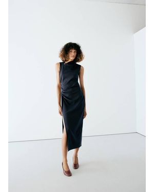 Mango Asymmetric Neckline Ruched Dress - Blue