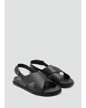 Mango 100% Leather Crossed Strap Sandal - Black