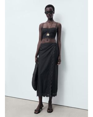 Mango Jupe Brodée Coton Noir