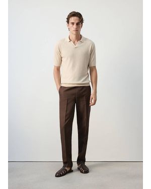 Mango Ribbed Linen Lyocell Blend Polo - Natural