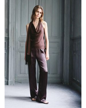 Mango Top Foulard Collo Drappeggiato Marrone - Grigio