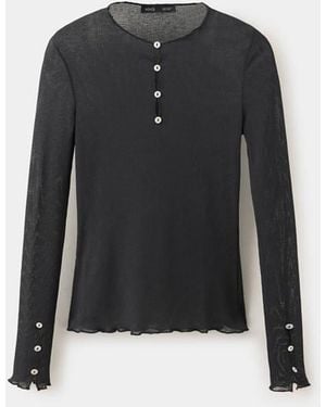 Mango Semi-Sheer Button-Up T-Shirt - Black