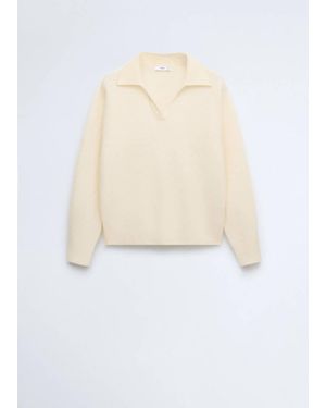 Mango Pullover 100% Lana Collo Polo Giallo Pastello - Bianco
