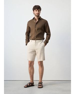 Mango 100% Linen Slim-Fit Shirt - Brown