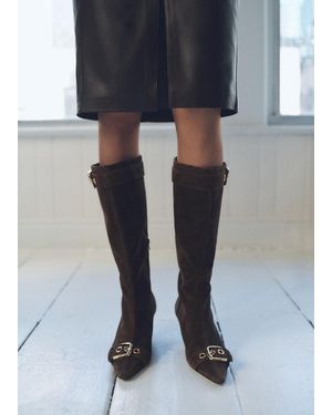 Mango Suede Leather Boot With Buckle Detail - Black