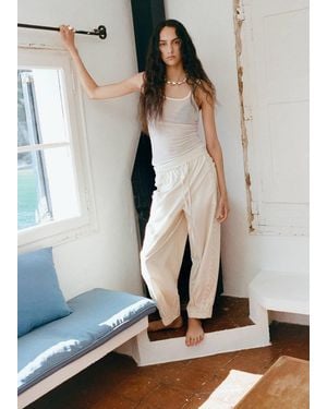 Mango 100% Cotton Trousers With Embroidered Stripe - Natural