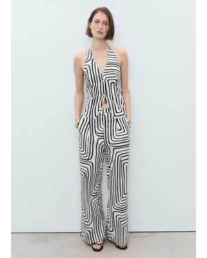 Mango Geometric-Print Linen Pants - White