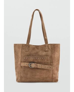 MANGO TEEN Studded Leather Shopper Bag - Brown