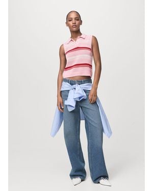 Mango Striped Knit Top With Polo Neck - Blue