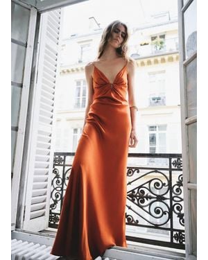 Mango Satin Dress With Gathered V-Neckline - Grey