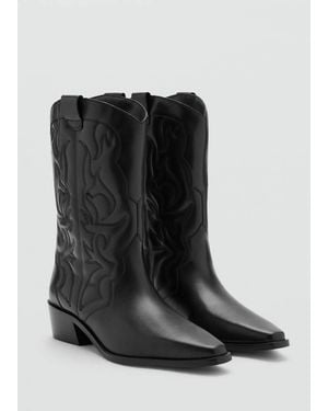 MANGO TEEN Cowboy Leather Boots With Embroidered Details - Black