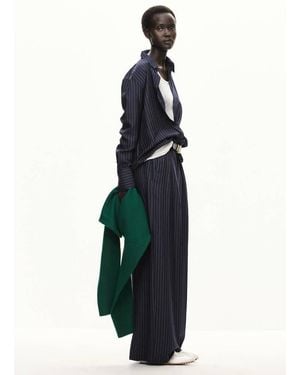 Mango Pinstripe Wide Leg Trousers - Blue