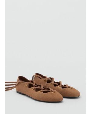 Mango Suede Ballet Flats With Crossed Straps - Brown