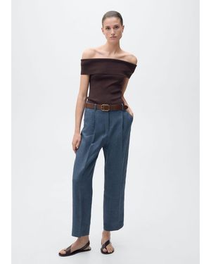 Mango Pleated Linen Trousers - Blue