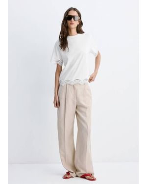 Mango Cotton T-Shirt With Broderie Anglaise Details - Natural