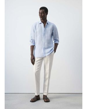 Mango Regular-Fit Striped Cotton-Linen Shirt - Blue