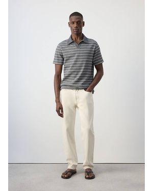 Mango Textured Striped Cotton Blend Polo - Blue