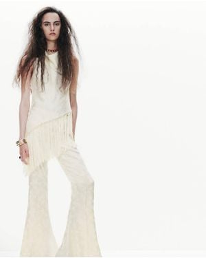 Mango Top Jacquard Asimmetrico Frange Grezzo - Bianco
