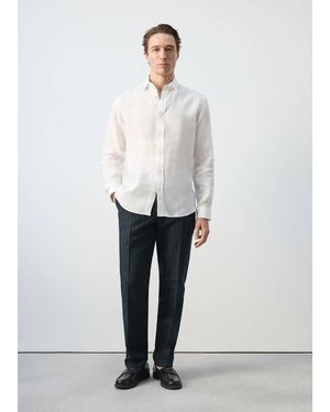 Mango Regular Fit Linen Blend Pinstripe Trousers - White
