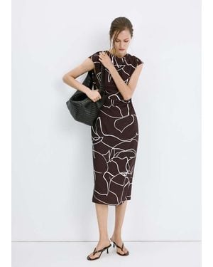 Mango Printed Ruched Dress - Brown