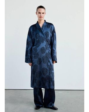 Mango Satin Jacquard Robe - Blue