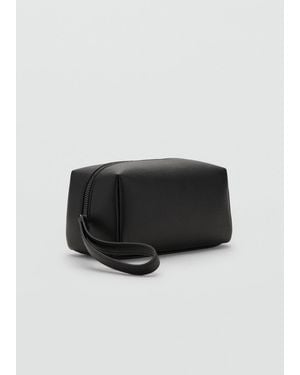 Mango Contrast-Strap Pebbled Cosmetic Bag - Black