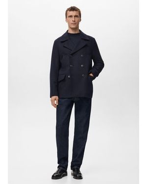 Mango Short Double-Breasted Wool Coat - Blue