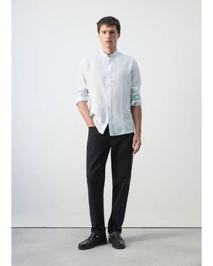 Mango 100% Linen Striped Grandad Collar Shirt - White