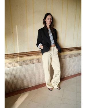Mango Embroidered Cut-Out Straight Jeans - Natural