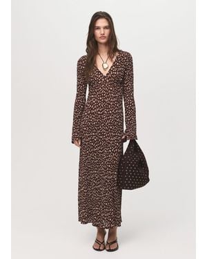 Mango Printed V-Neck Dress - Brown