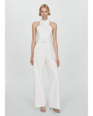 Mango Jumpsuit With Crossed Neck And Belt Off - White