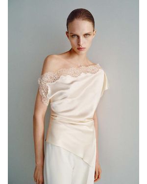 Mango Asymmetrical Satin Top With Lace Detail - Natural