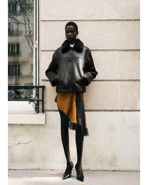 Mango Leather Jacket With Detachable Fur Collar - Natural