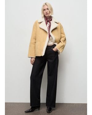 Mango Veste Effet Suédine Col Sherpa Marron Moyen - Blanc