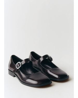 Mango Buckle Leather Ballerina - Black
