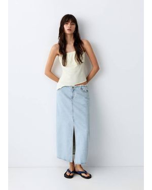 MANGO TEEN Frayed Hem Midi Denim Skirt - Blue