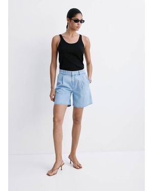 Mango Bermuda Denim Vita Media Pinces Azzurro - Blu