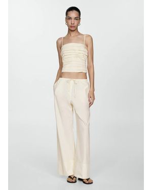 Mango Cotton Wide Leg Pants Ecru - White