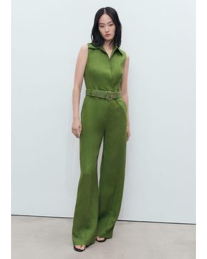 Mango Linen Shirt Jumpsuit With Belt - Green