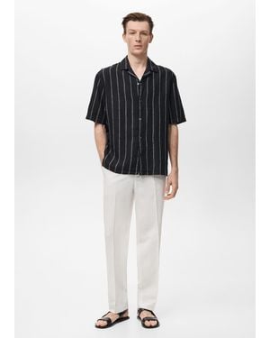 Mango 100% Linen Short-Sleeve Striped Shirt - Black