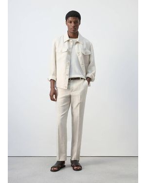 Mango Regular Fit 100% Linen Striped Pants - White