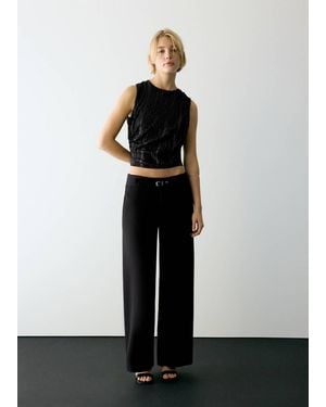 MANGO TEEN Striped Top With Metallic Thread And Gathered Detail - Black