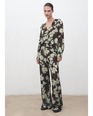 Mango Blouse En Gaze Avec Décolleté Et Naud Vert - Blanc