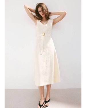 Mango Linen Midi-Dress With Belt - White