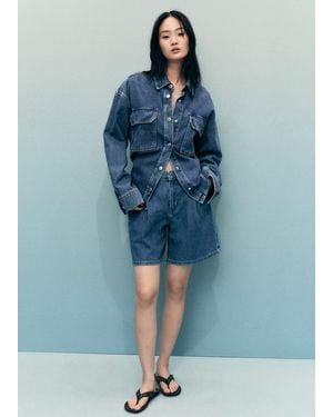 Mango Mid-Rise Denim Bermuda Shorts With Pleats - Blue