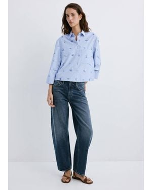 Mango Flower Embroidered Striped Shirt - Blue