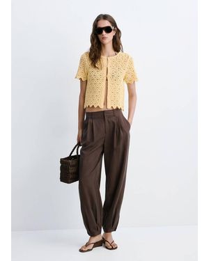 Mango Cardigan Maglia Traforata Ondulata Giallo Pastello - Bianco